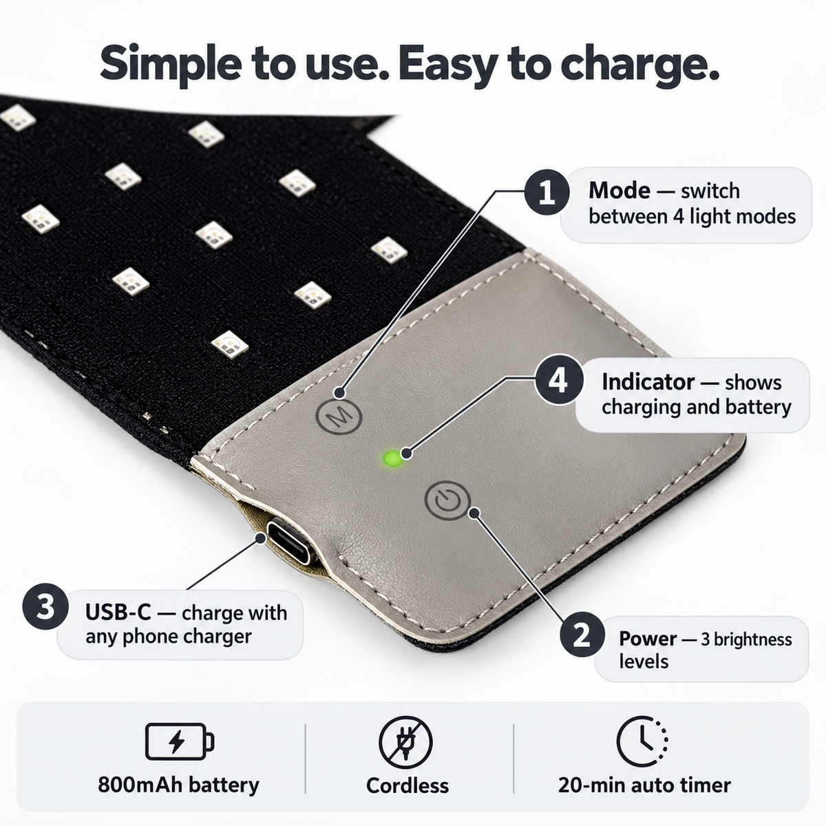 LumaCrown control tab with two buttons and a USB-C charging port