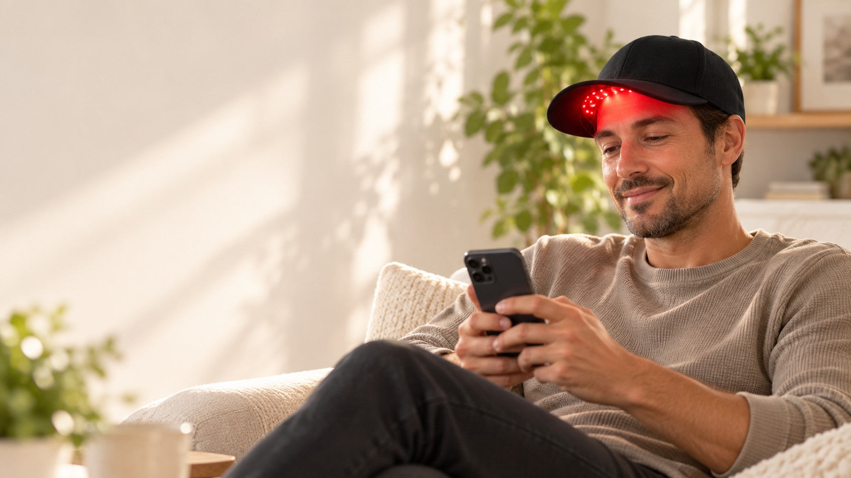 Man relaxing on the couch wearing the LumaCrown red light hair cap