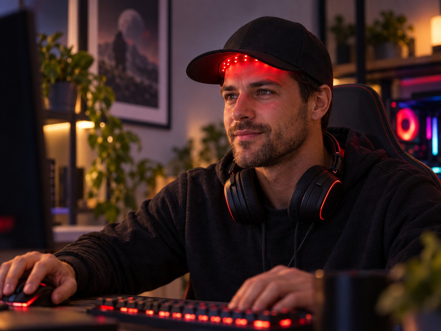 Man gaming on the couch while wearing the LumaCrown cap