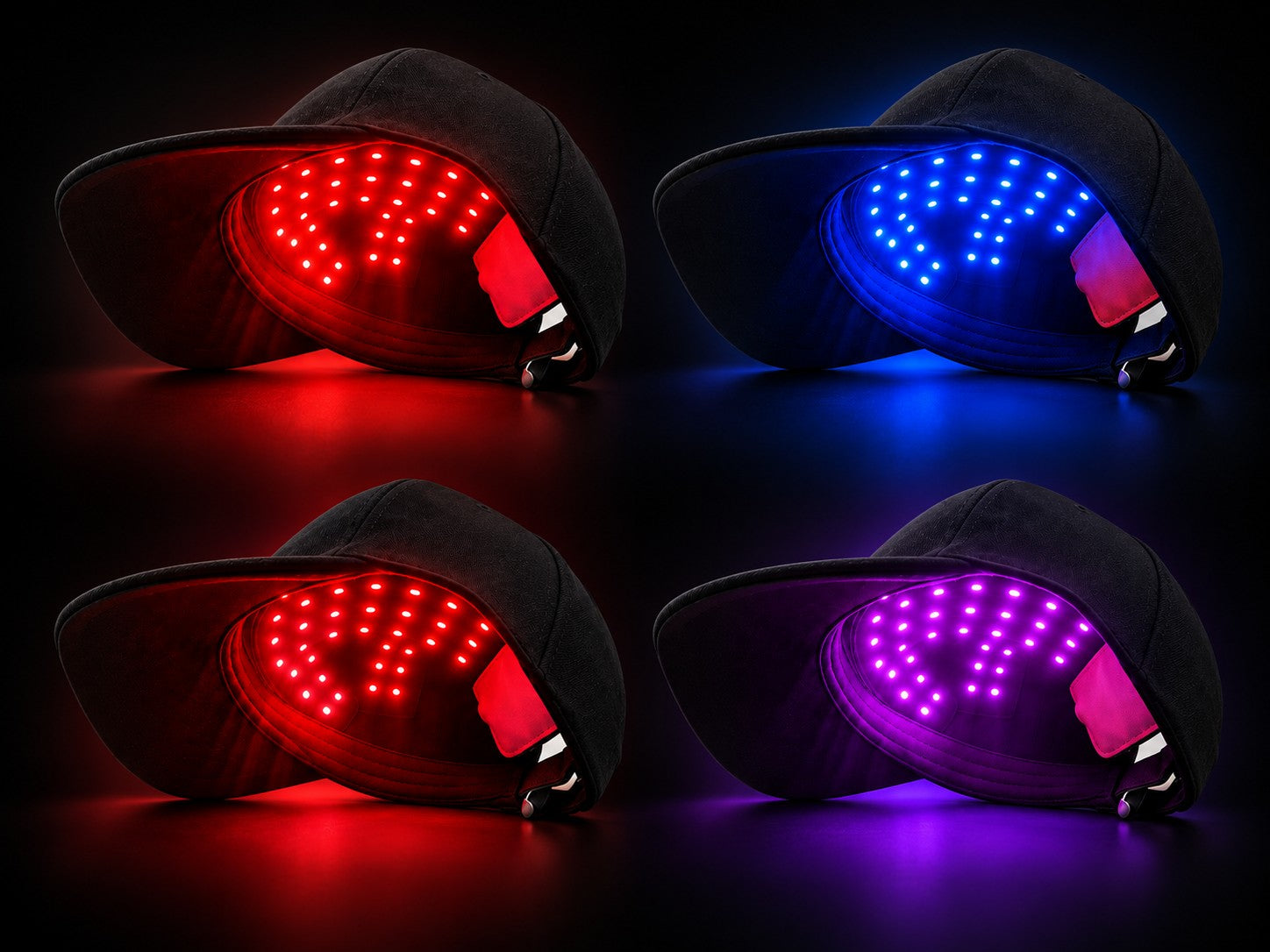 LumaCrown cap shown in red, blue, red plus infrared and purple light modes