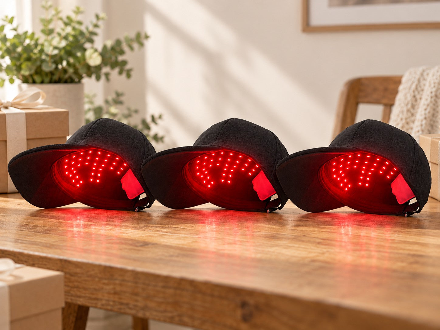 Three LumaCrown red light caps side by side