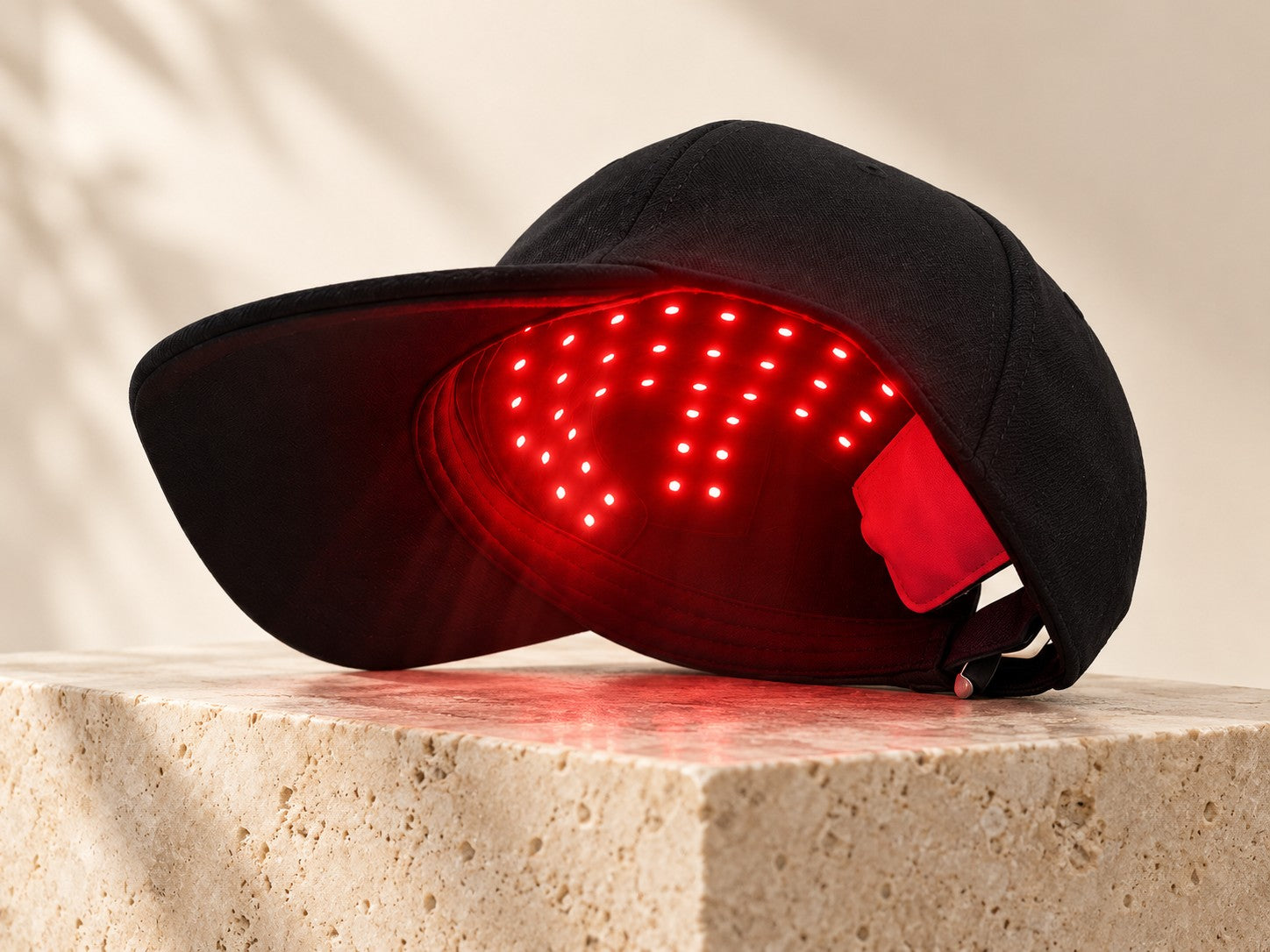LumaCrown red light hair cap with red LEDs glowing