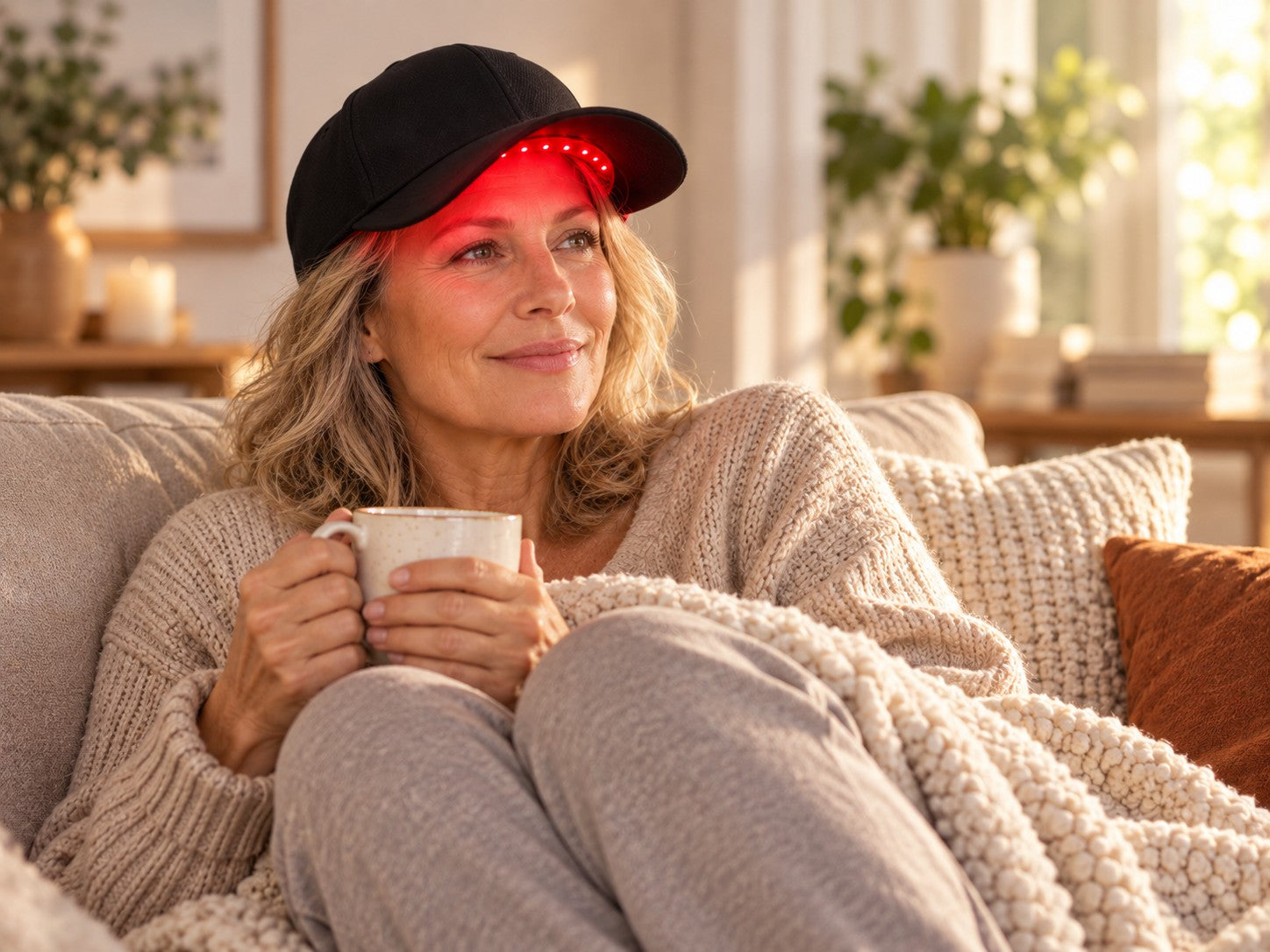 Woman reading at home while wearing the LumaCrown cap